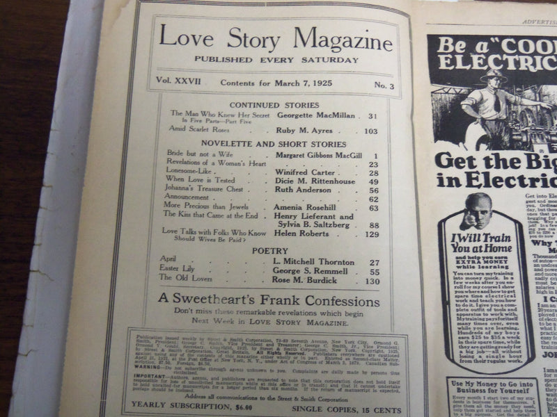 1925 MARCH 7 LOVE STORY MAGAZINE ILLUSTRATED - AMID SCARLET ROSES - K 1133