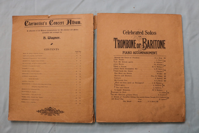 1890 OTTO LANGEY'S TUTORS CLARINET & SLIDE TROMBONE- LOT OF 2- SOFTCOVER- K 3384