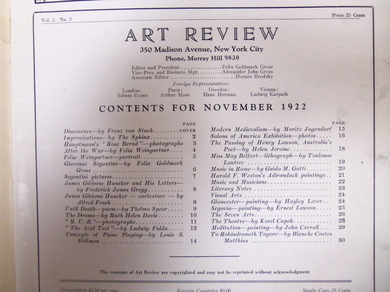 1922 NOVEMBER ART REVIEW MAGAZINE- DISSONANCE, BY VON STUCK - ST 3241