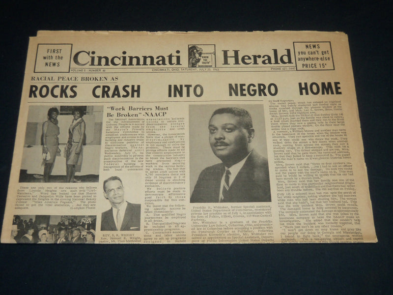 1963 JULY 20 CINCINNATI HERALD NEWSPAPER - ROCKS CRASH INTO NEGRO HOME - NP 4402