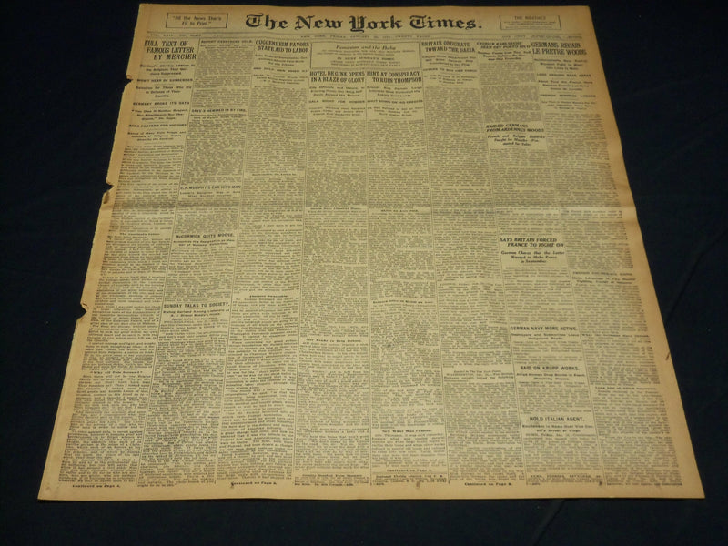 1915 JANUARY 22 NEW YORK TIMES NEWSPAPER - TEXT OF LETTER BY MERCIER - NT 7833
