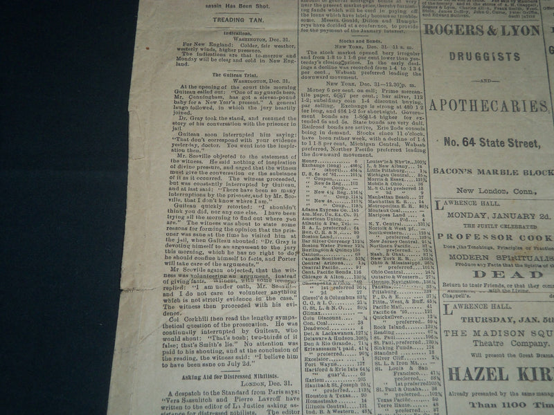 1881-1882 NEW LONDON TELEGRAM NEWSPAPER LOT OF 2 - GUITEAU TRIAL - NP 3908