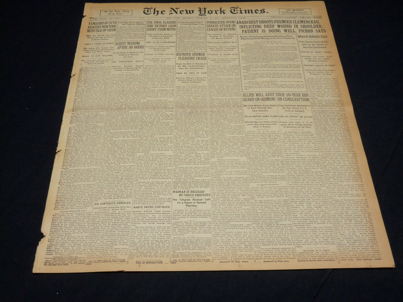 1919 FEBRUARY 20 NEW YORK TIMES - ANARCHIST SHOOTS PREMIER CLEMENCEAU - NT 7975