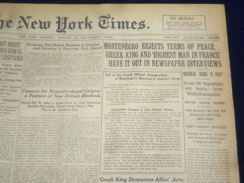 1916 JANUARY 20 NEW YORK TIMES - MONTENEGRO REJECTS TERMS OF PEACE - NT 9071