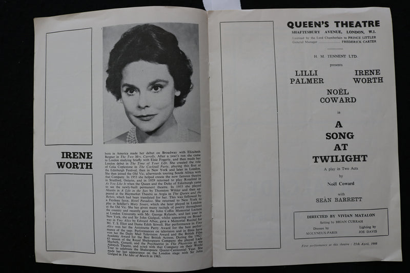 1966 QUEEN'S THEATRE PROGRAMS - NOEL COWARD - LILLI PALMER - LOT OF 2 - K 2379
