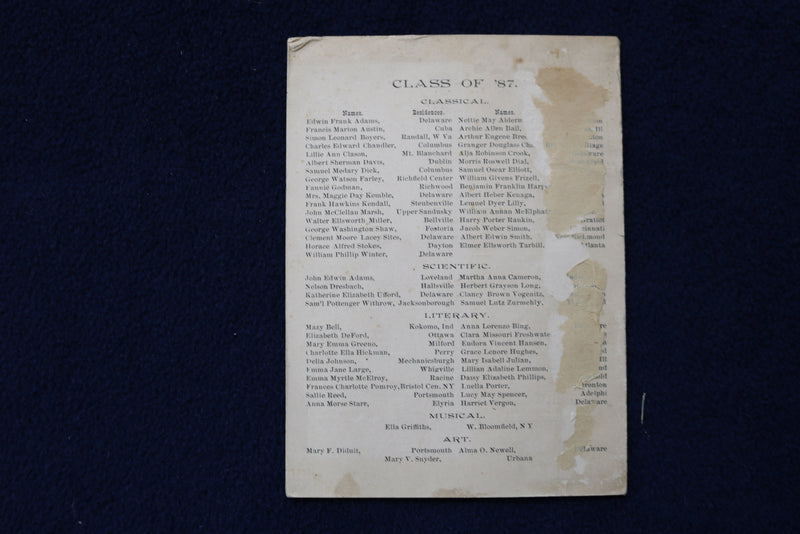 1887 OHIO WESLEYAN UNIVERSITY 43RD COMMENCEMENT PROGRAM - SOFTCOVER - K 883