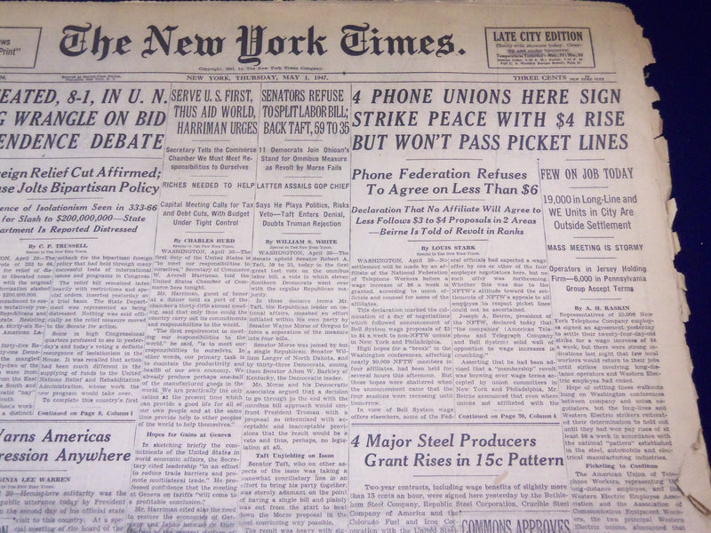 1947 MAY 1 NEW YORK TIMES - PHONE UNIONS SIGN STRIKE PEACE - NT 2749