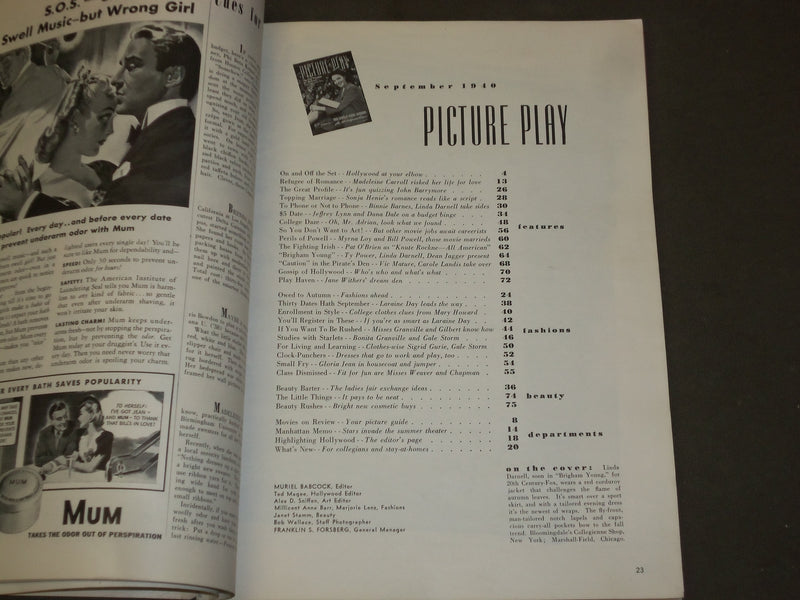 1940 SEPTEMBER PICTURE PLAY MAGAZINE - LINDA DARNELL COVER - M 102