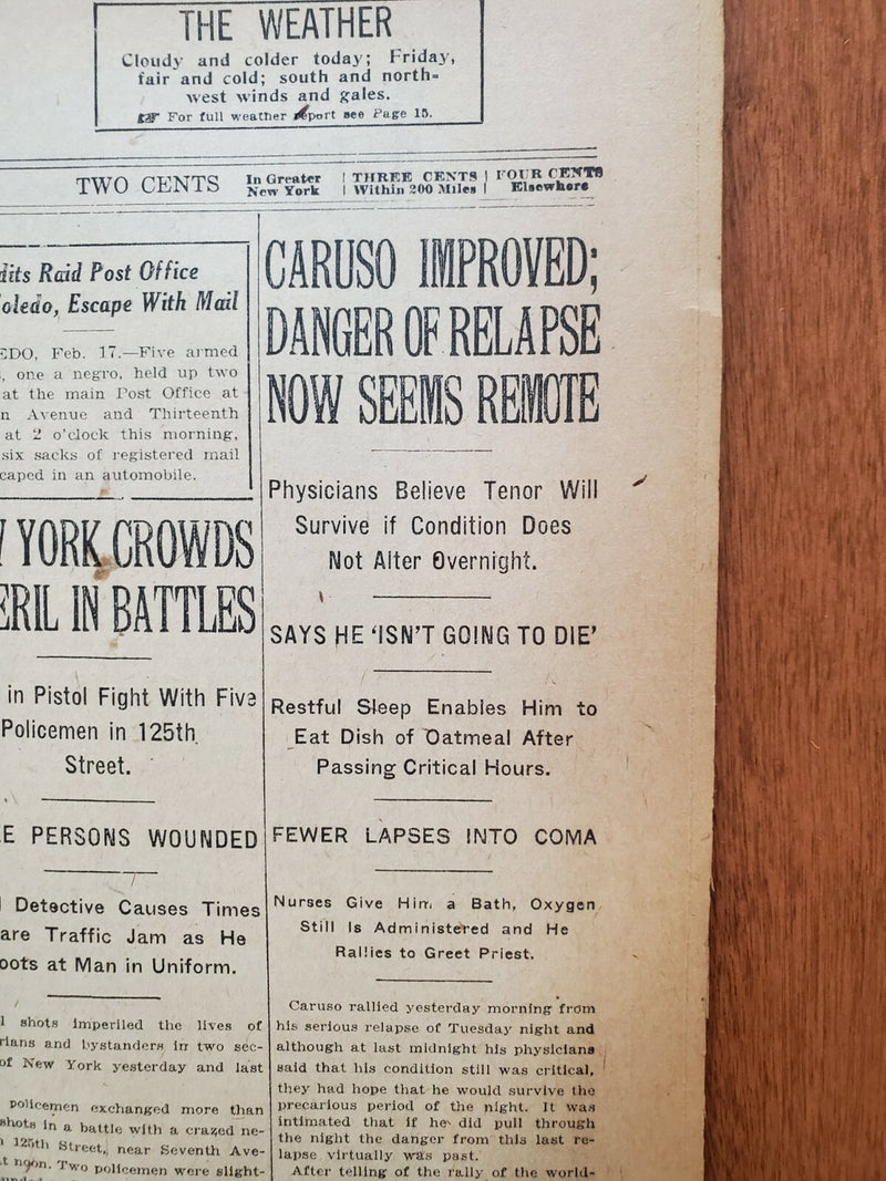 1921 FEBRUARY 17 NEW YORK TIMES - CARUSO IMPROVED; RELAPSE SEEMS REMOTE- NT 8126