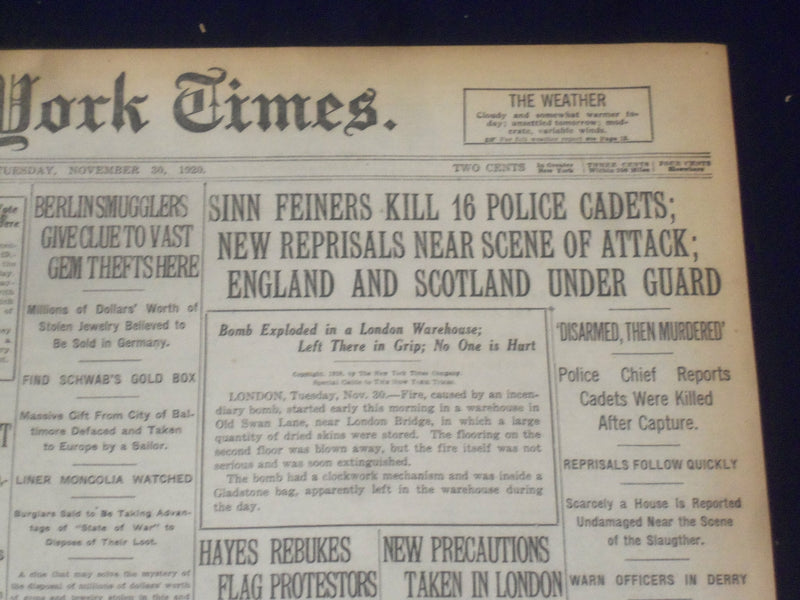 1920 NOVEMBER 30 NEW YORK TIMES - SINN FEINERS KILL 16 POLICE CADETS - NT 8456