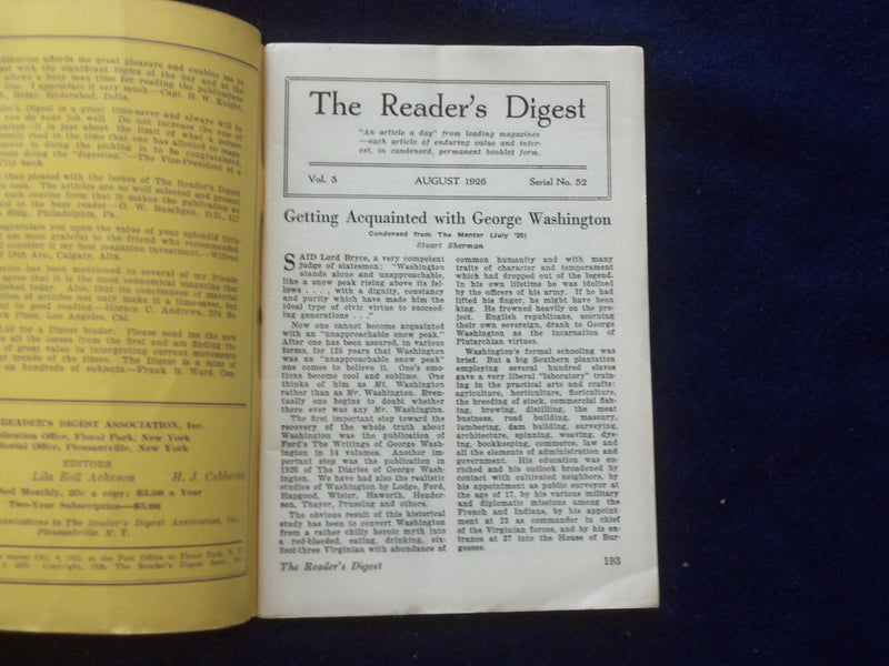 1926 AUGUST THE READER'S DIGEST SOFTCOVER BOOK - NUMBER 52 - J 8430