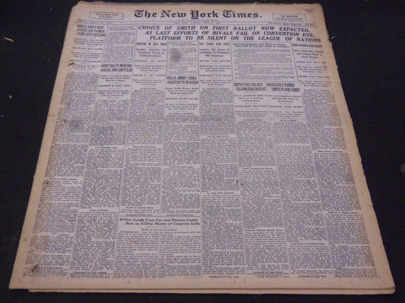 1928 JUNE 26 NEW YORK TIMES - CHOICE OF SMITH ON FIRST BALLOT EXPECTED - NT 5349