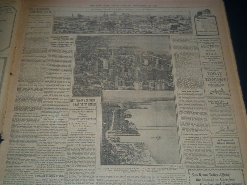 1926 SEPT 20 NEW YORK TKIMES NEWSPAPER - 1000 DEAD IN FLORIDA STORM - NT 7577