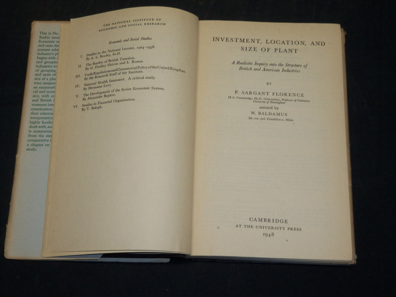1948 INVESTMENT LOCATION AND SIZE OF PLANT BOOK BY P. SARGANT FLORENCE - KD 5891