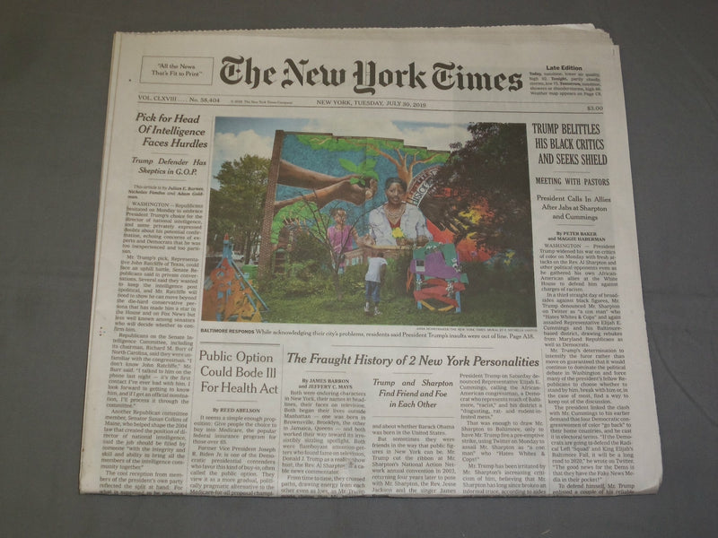 2019 JULY 30 NEW YORK TIMES - TRUMP BELITTLES HIS BLACK CRITICS AND SEEKS SHIELD