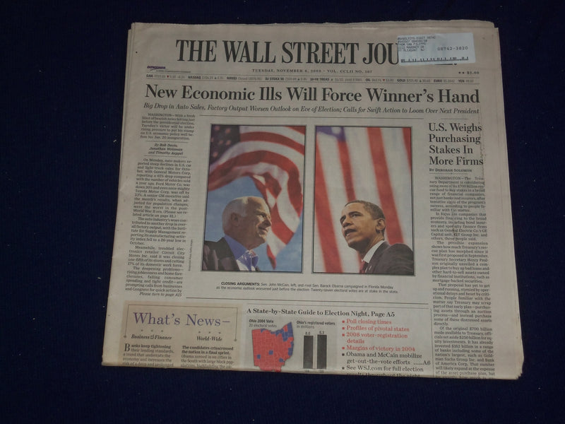 2008 NOVEMBER 4 WALL STREET JOURNAL NEWSPAPER - ELECTION DAY EDITION - NP 3062