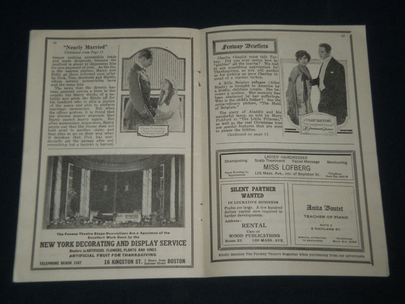 1917 NOV 26-DEC THE FENWAY THEATRE PROGRAM & TICKET - BOSTON - J 4081