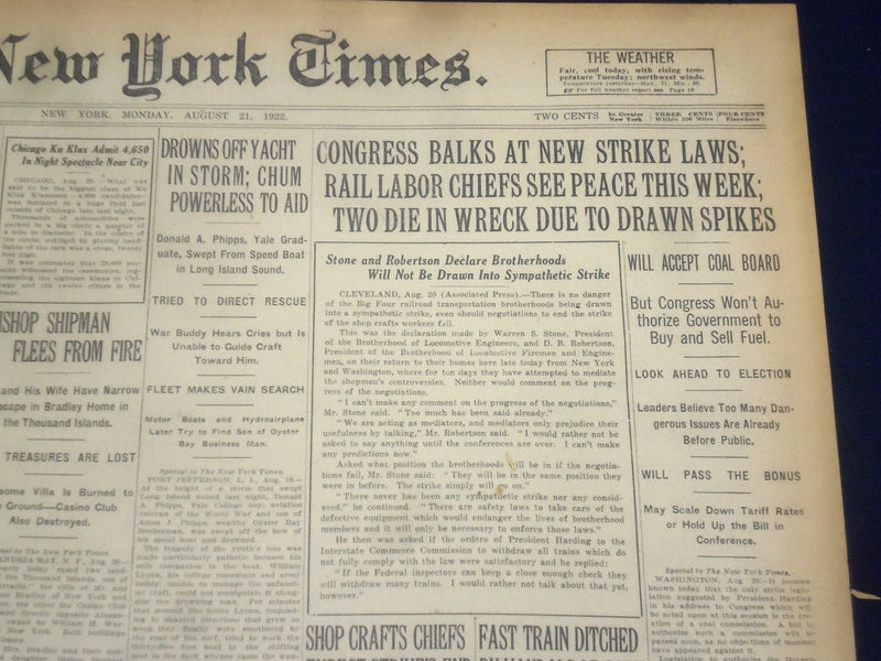 1922 AUGUST 21 NEW YORK TIMES - RAIL CHIEFS SEE PEACE THIS WEEK - NT 8388
