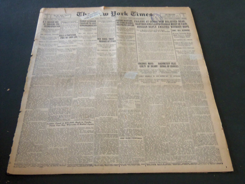 1922 MAY 7 NEW YORK TIMES - FAILURE AT GENOA NOW BELIEVED NEAR - NT 5801