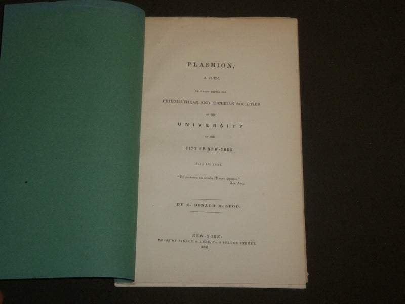 1841 PLASMION POEM - PHILOMATHEAN EUCLEIAN SOCIETIES - NEW YORK - J 4732