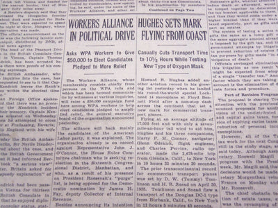 1938 AUGUST 21 NEW YORK TIMES - HUGHES SETS MARK FLYING FROM COAST - NT 707