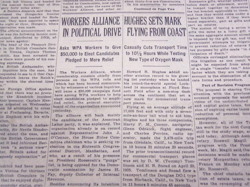 1938 AUGUST 21 NEW YORK TIMES - HUGHES SETS MARK FLYING FROM COAST - NT 707