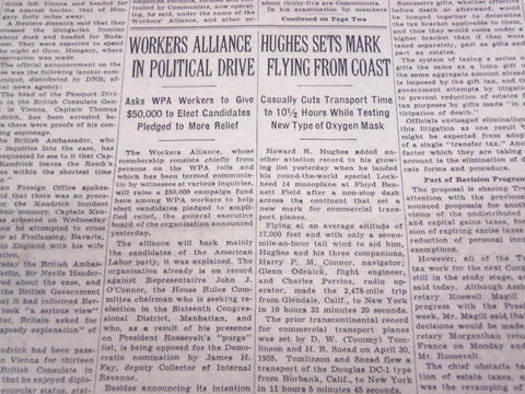 1938 AUGUST 21 NEW YORK TIMES - HUGHES SETS MARK FLYING FROM COAST - NT 707