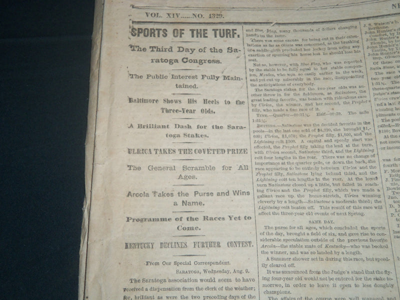 1865 AUGUST 10 NEW YORK TIMES NEWSPAPER - SARATOGA RACE TRACK - NP 3989