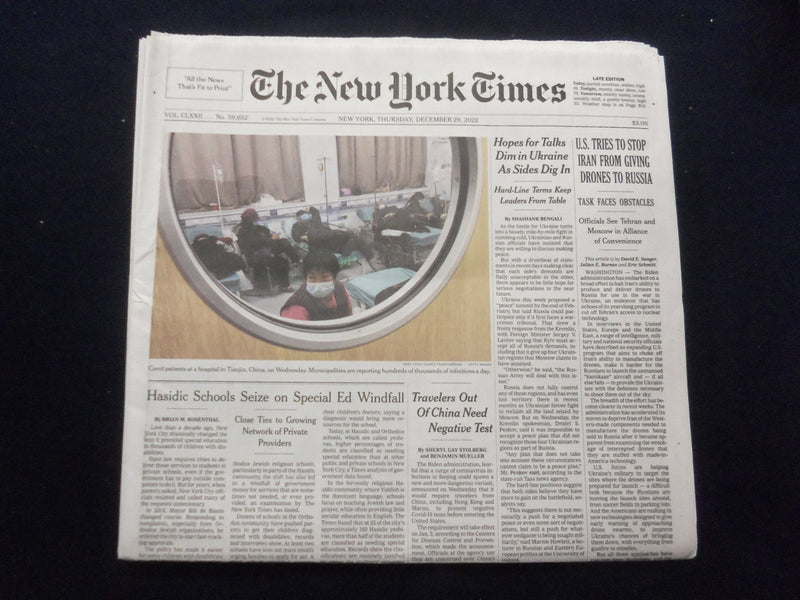 2022 DEC 29 NEW YORK TIMES -U.S. TRIES TO STOP IRAN FROM GIVING DRONES TO RUSSIA