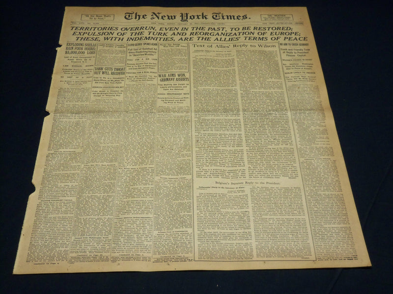 1917 JANUARY 12 NEW YORK TIMES NEWSPAPER - ALLIES TERMS OF PEACE - NT 8742