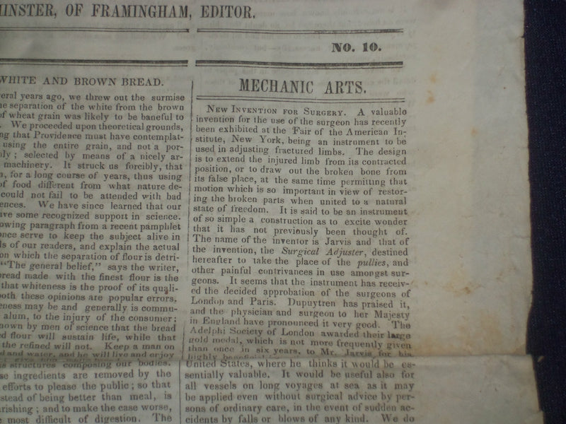 1846 DECEMBER 5 MASSACHUSETTS PLOUGHMAN NEWSPAPER - SURGERY INVENTION - NP 5138