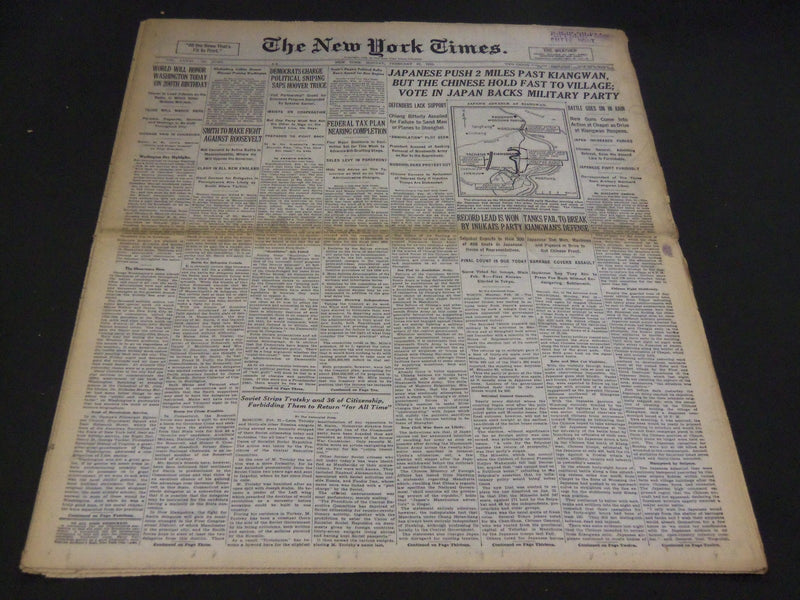 1932 FEBRUARY 22 NEW YORK TIMES - JAPANESE PUSH 2 MILES PAST KIANGWAN - NT 4783