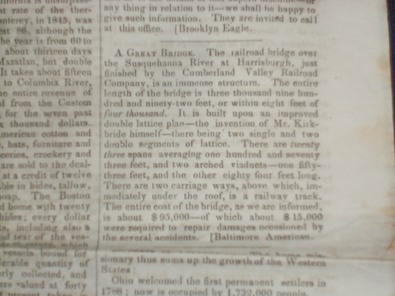 1847 FEBRUARY 20 MASSACHUSETTS PLOUGHMAN - SUSQUEHANNA RIVER BRIDGE - NP 5143