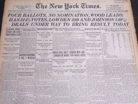 1920 JUNE 12 NEW YORK TIMES - FOUR BALLOTS NO NOMINATION WOOD LEADS - NT 6946