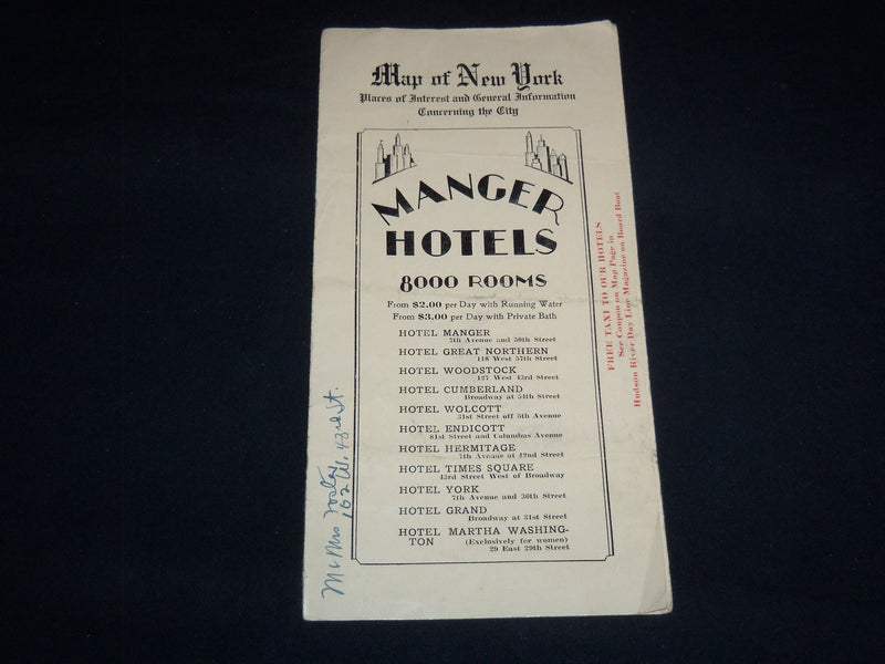 1920'S MANAGER HOTELS - FOLD-OUT MAP OF NEW YORK - J 8831