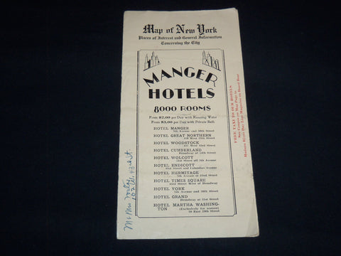 1920'S MANAGER HOTELS - FOLD-OUT MAP OF NEW YORK - J 8831