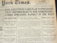 1922 AUGUST 12 NEW YORK TIMES - STRIKE SPREADING RAPIDLY IN THE WEST - NT 8370