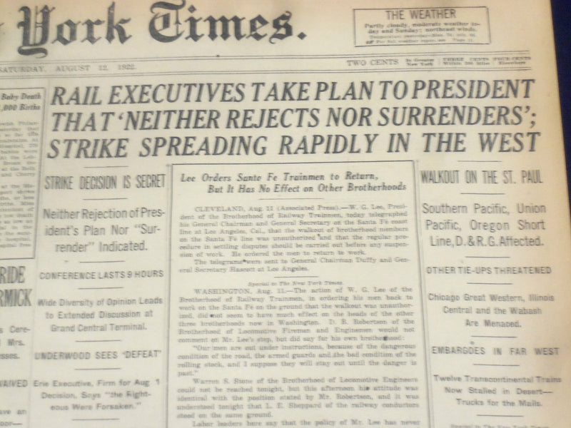 1922 AUGUST 12 NEW YORK TIMES - STRIKE SPREADING RAPIDLY IN THE WEST - NT 8370