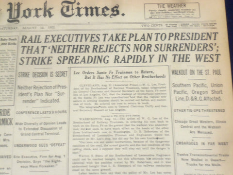 1922 AUGUST 12 NEW YORK TIMES - STRIKE SPREADING RAPIDLY IN THE WEST - NT 8370