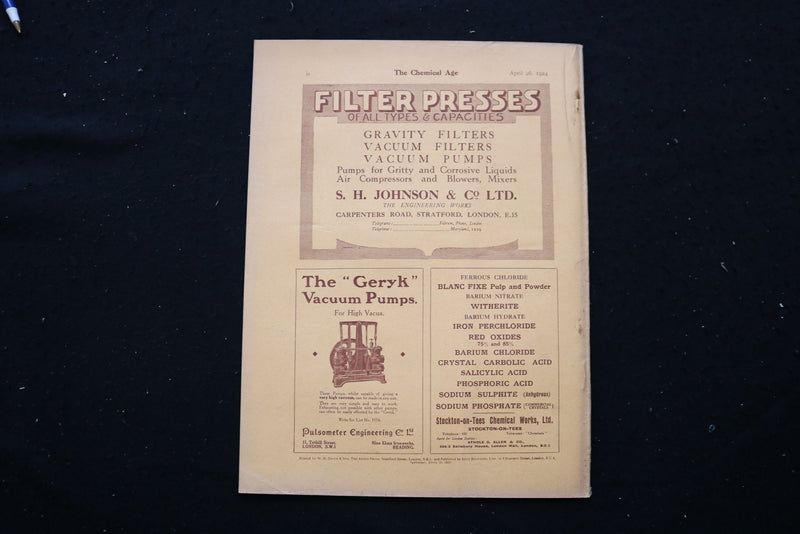 1924 APRIL 26 THE CHEMICAL AGE MAGAZINE - SULPHURIC ACID PLANT COVER - SP 4190U