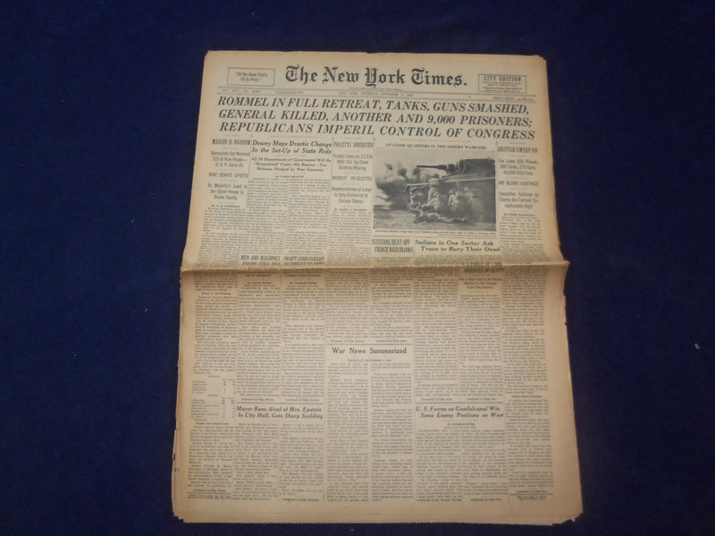 1942 NOV 5 NEW YORK TIMES - ROMMEL IN FULL RETREAT, TANKS, GUNS SMASHED- NP 6511