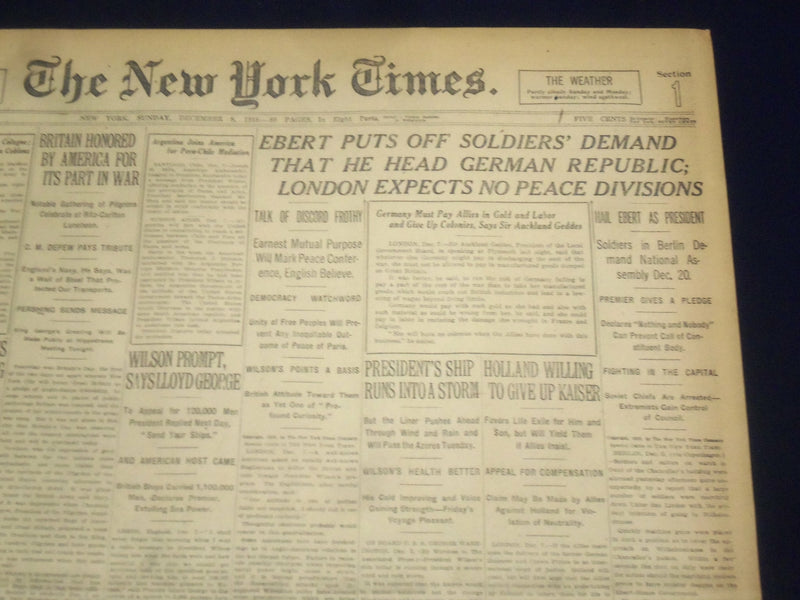 1918 DECEMBER 8 NEW YORK TIMES - EBERT PUTS OFF SOLIDERS DEMAND - NT 9165