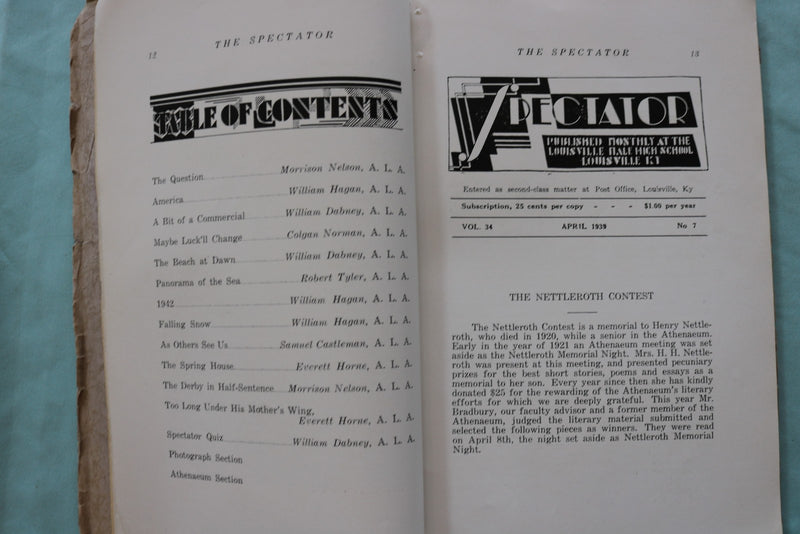 1939 ANTHENAEUM - THE SPECTATOR - MALE HIGH SCHOOL RECORD BOOK - K 3294