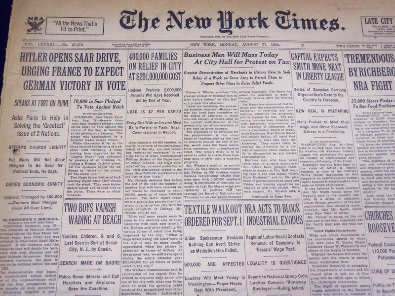 1934 AUGUST 27 NEW YORK TIMES - HITLER OPENS SAAR DRIVE - NT 3991