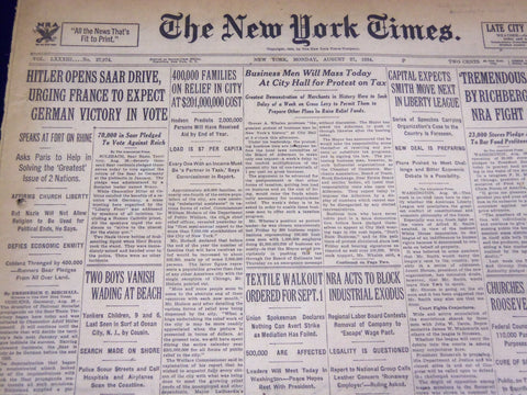 1934 AUGUST 27 NEW YORK TIMES - HITLER OPENS SAAR DRIVE - NT 3991