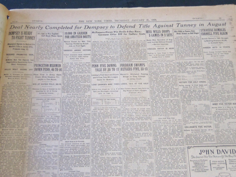 1926 JAN 21 NEW YORK TIMES - DEMPSEY TO DEFEND TITLE AGAINSTT TUNNEY - NT 5680