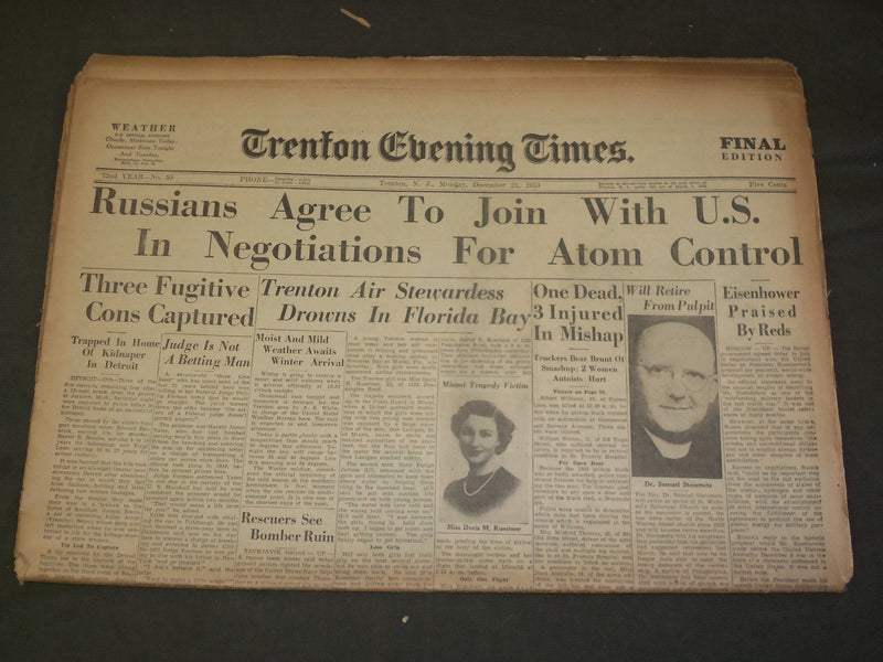 1953 DEC 21 TRENTON EVENING TIMES - RUSSIANS & U.S. FOR ATOMIC CONTROL- NP 3226