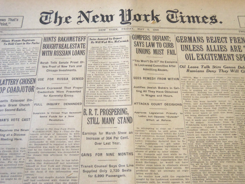 1922 MAY 5 NEW YORK TIMES - TROTZKY EXPECTS PEACE FOR RUSSIA - NT 5800