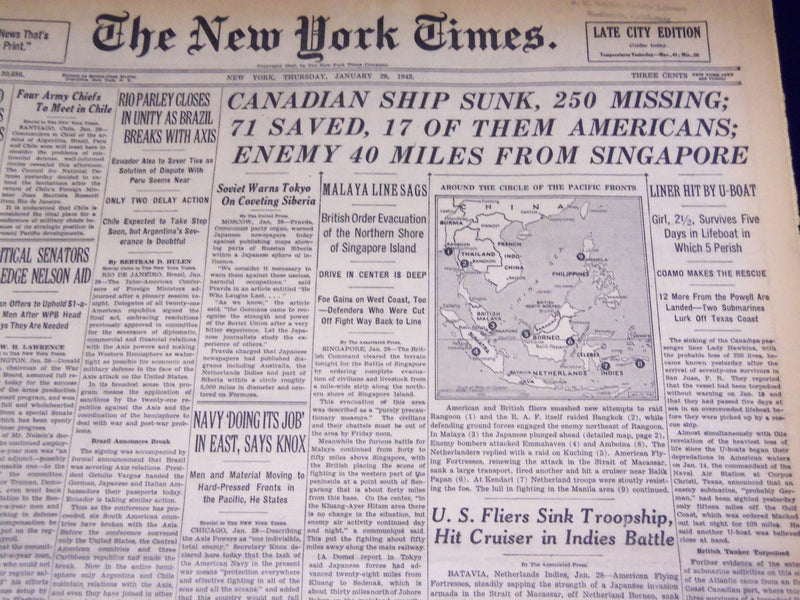 1942 JANUARY 29 NEW YORK TIMES - CANADIAN SHIP SUNK 250 MISSING - NT 1589