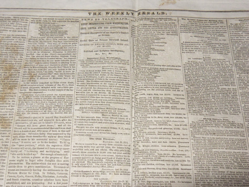 1852 OCTOBER 23 THE WEEKLY HERALD NEWSPAPER - BLACK WARRIOR - CRESCENT- NP 3878W